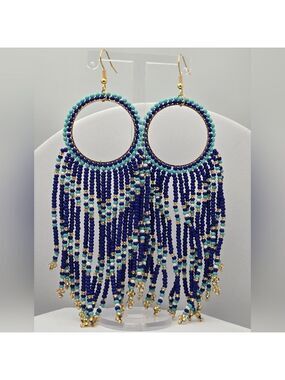 Boho Dream Catcher Handmade Seed Bead Earrings Blue Turquoise Gold Fringe 4.5”